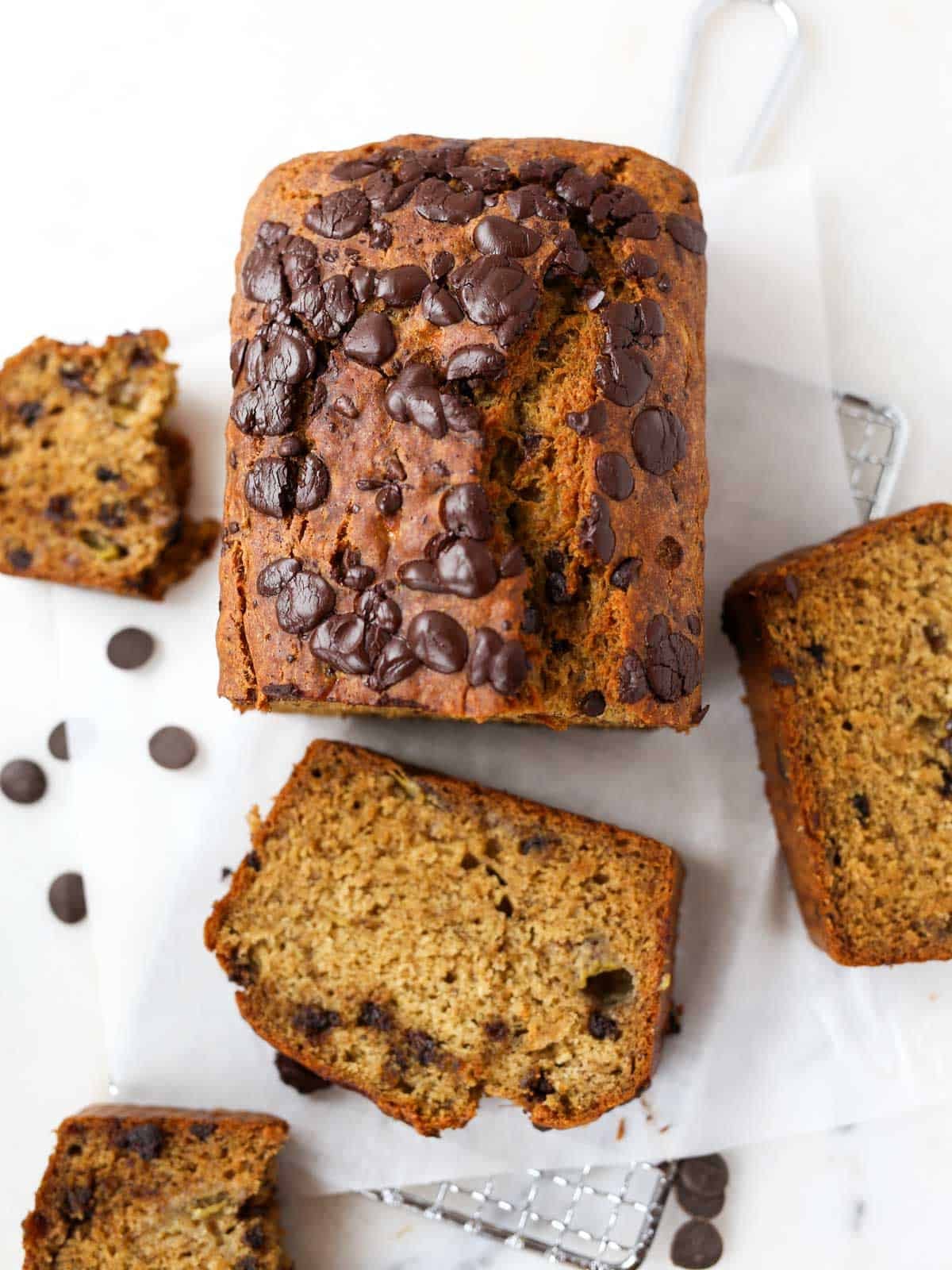 Top overhead image of this chocolate chunk banana bread.