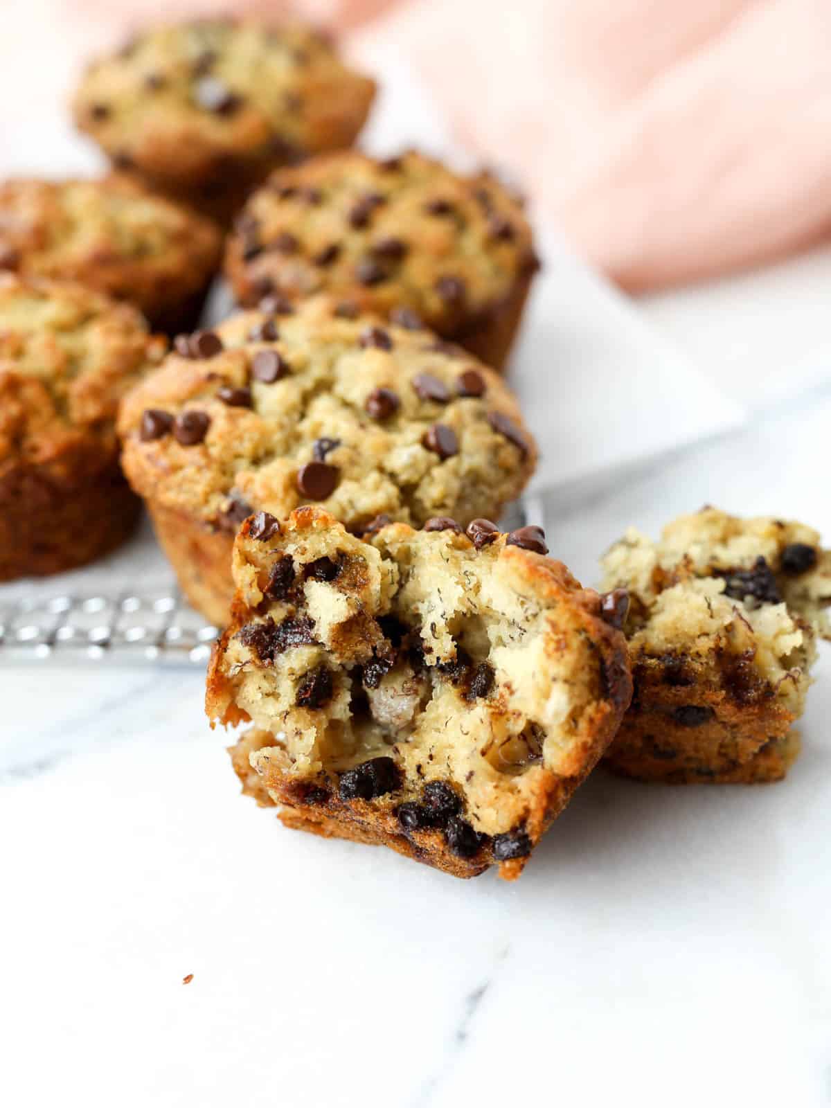 Picture of the center of theses banana muffins with chocolate chips.