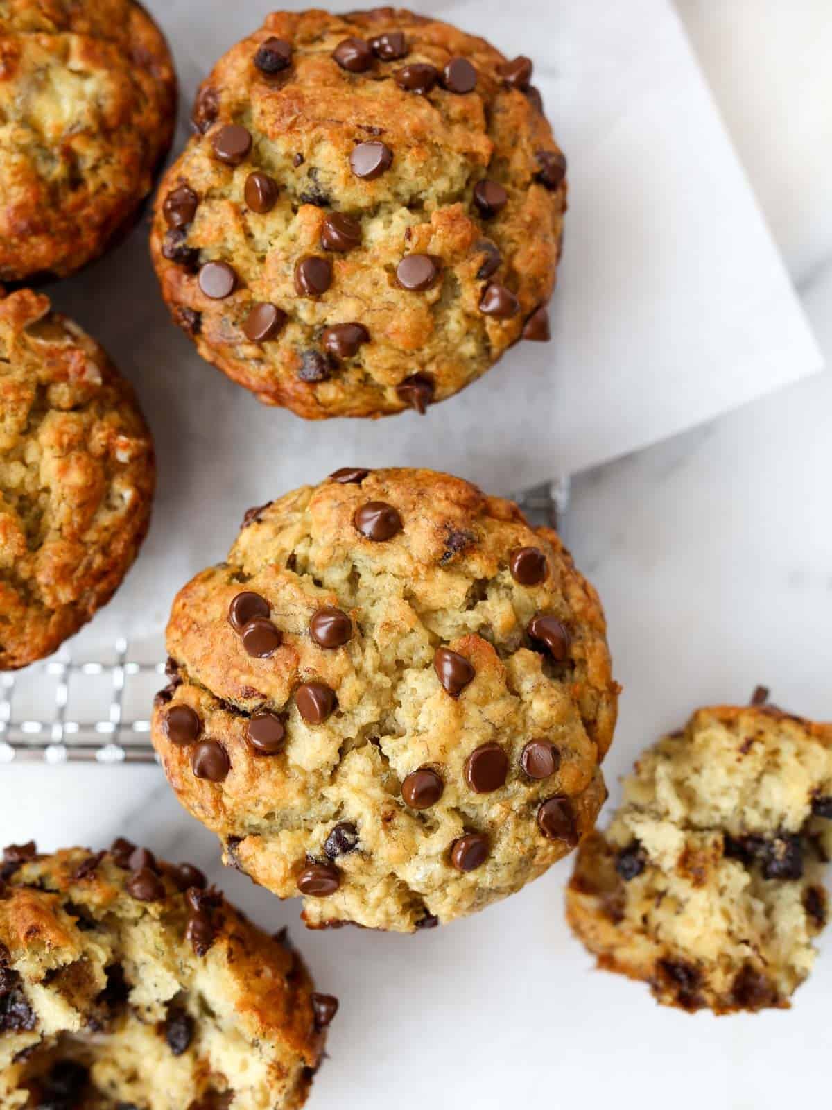 Overhead image of these chocolate chunk banana muffins.