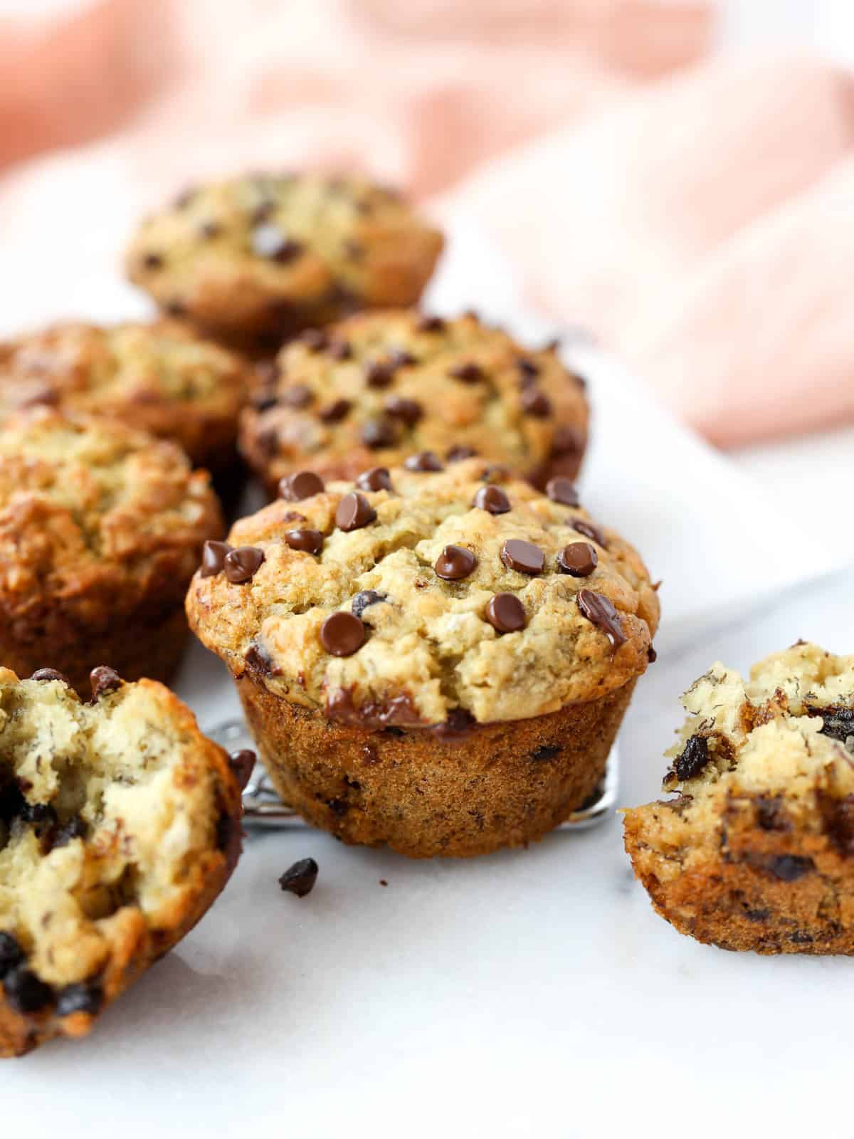 Chocolate chunk banaan muffins close up side view image.