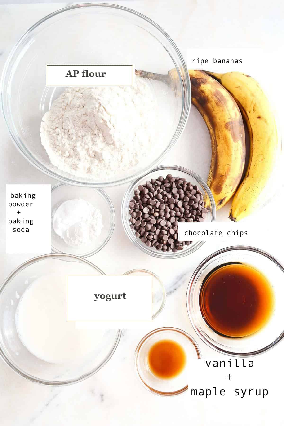Ingredients to make these banana chocolate chunk muffins.