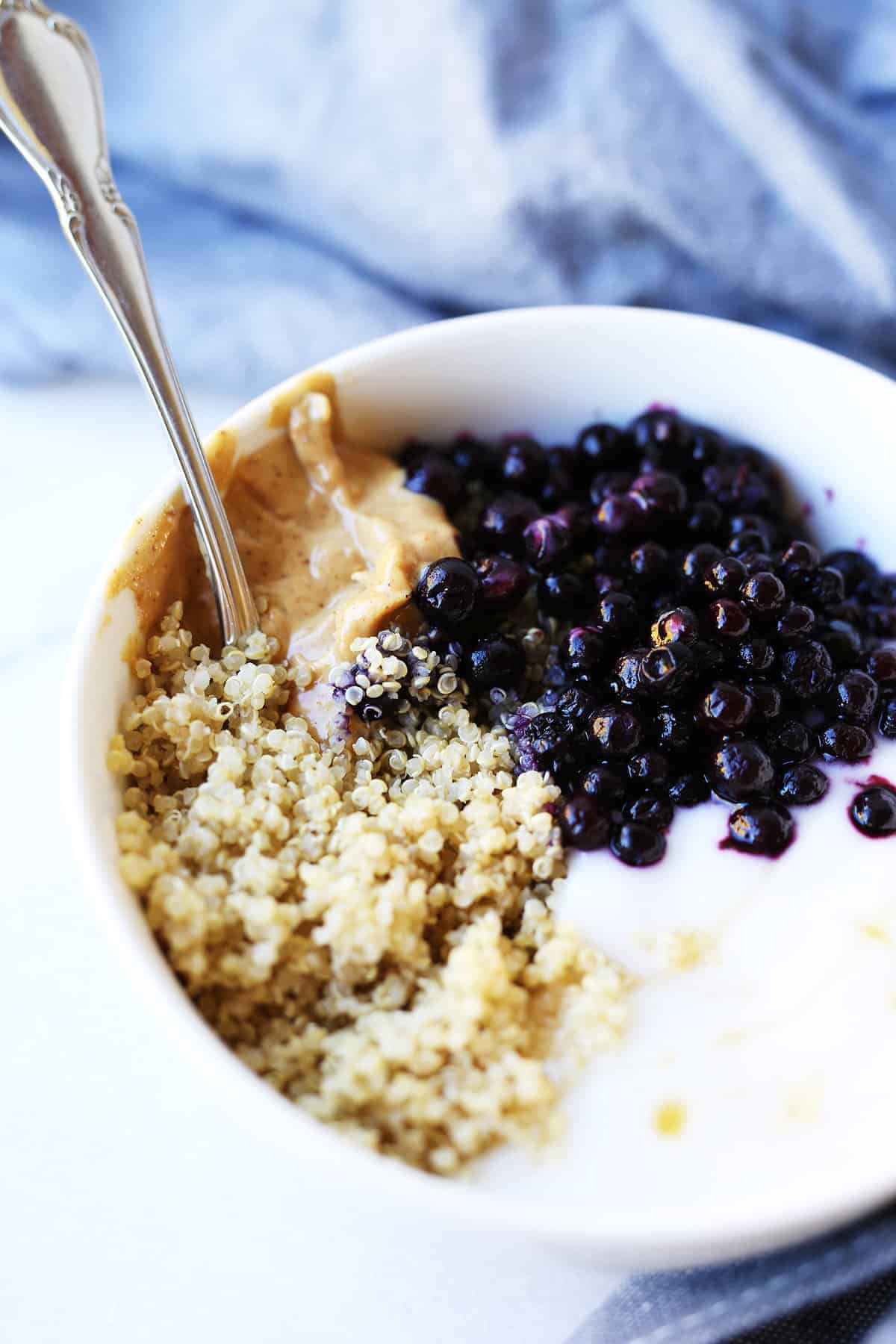Overhead image in white bowl of this protein breakfast bowl.