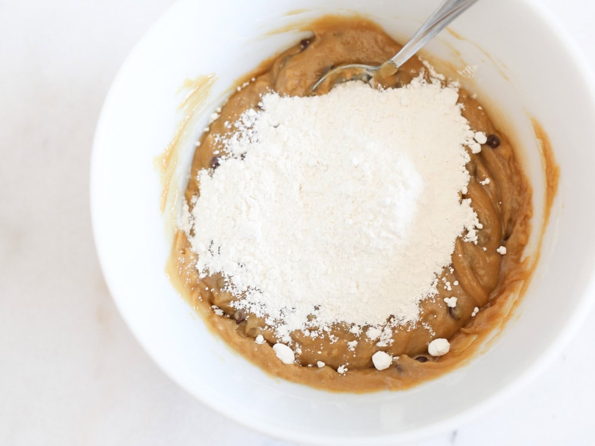 Dry ingredients added to wet.