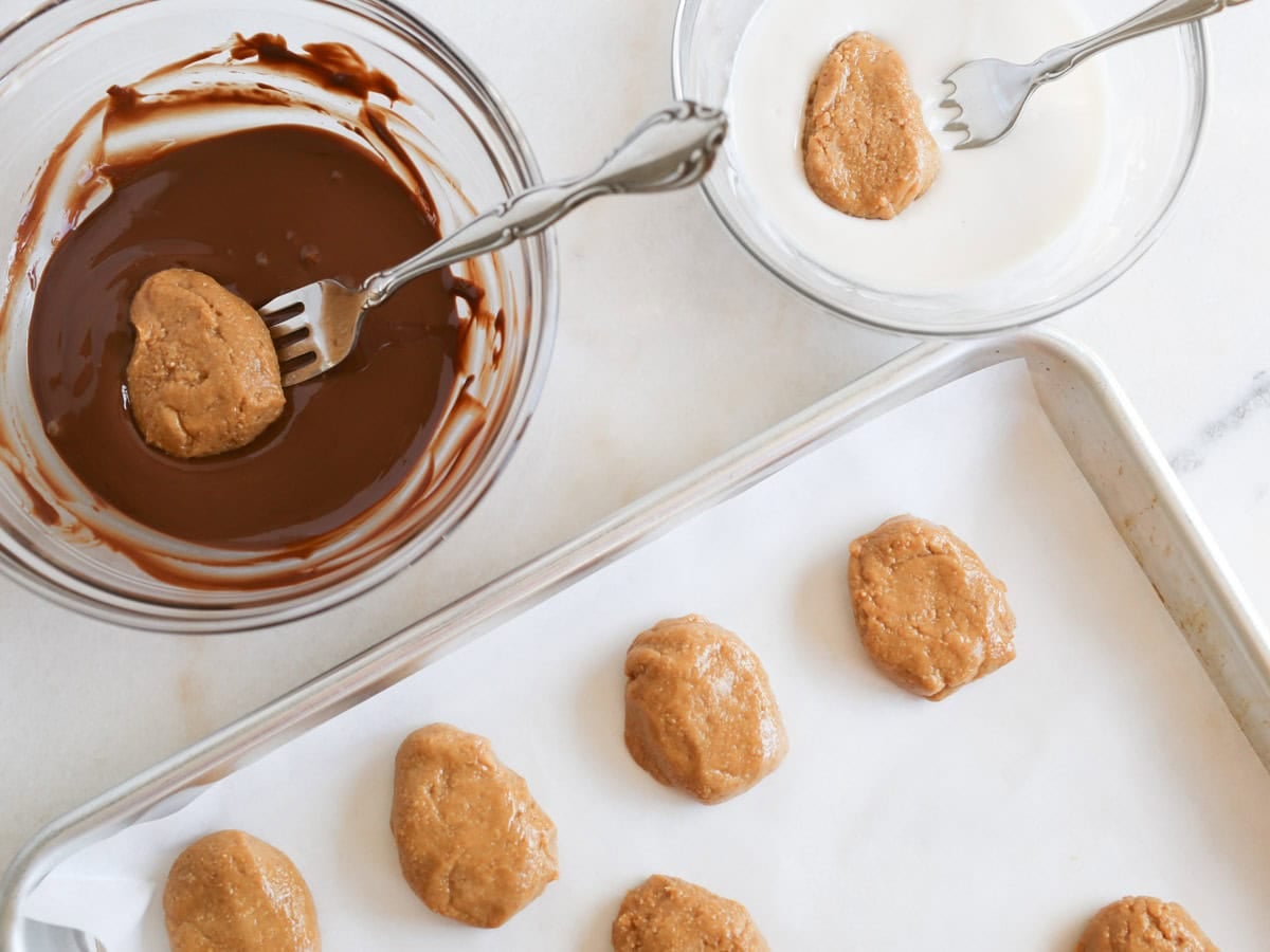 Dipping in chocolate.