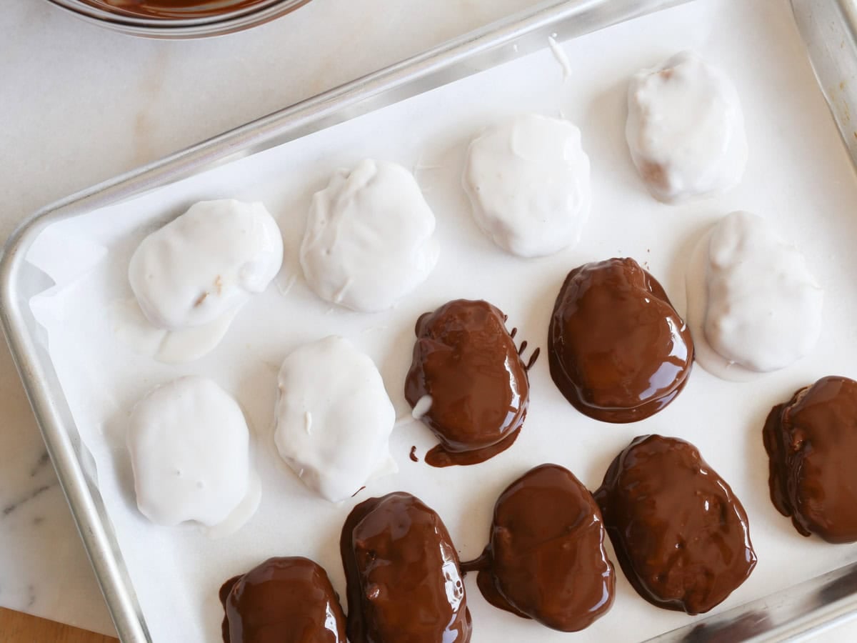 Chocolate dipped vegan easter peanut butter eggs.