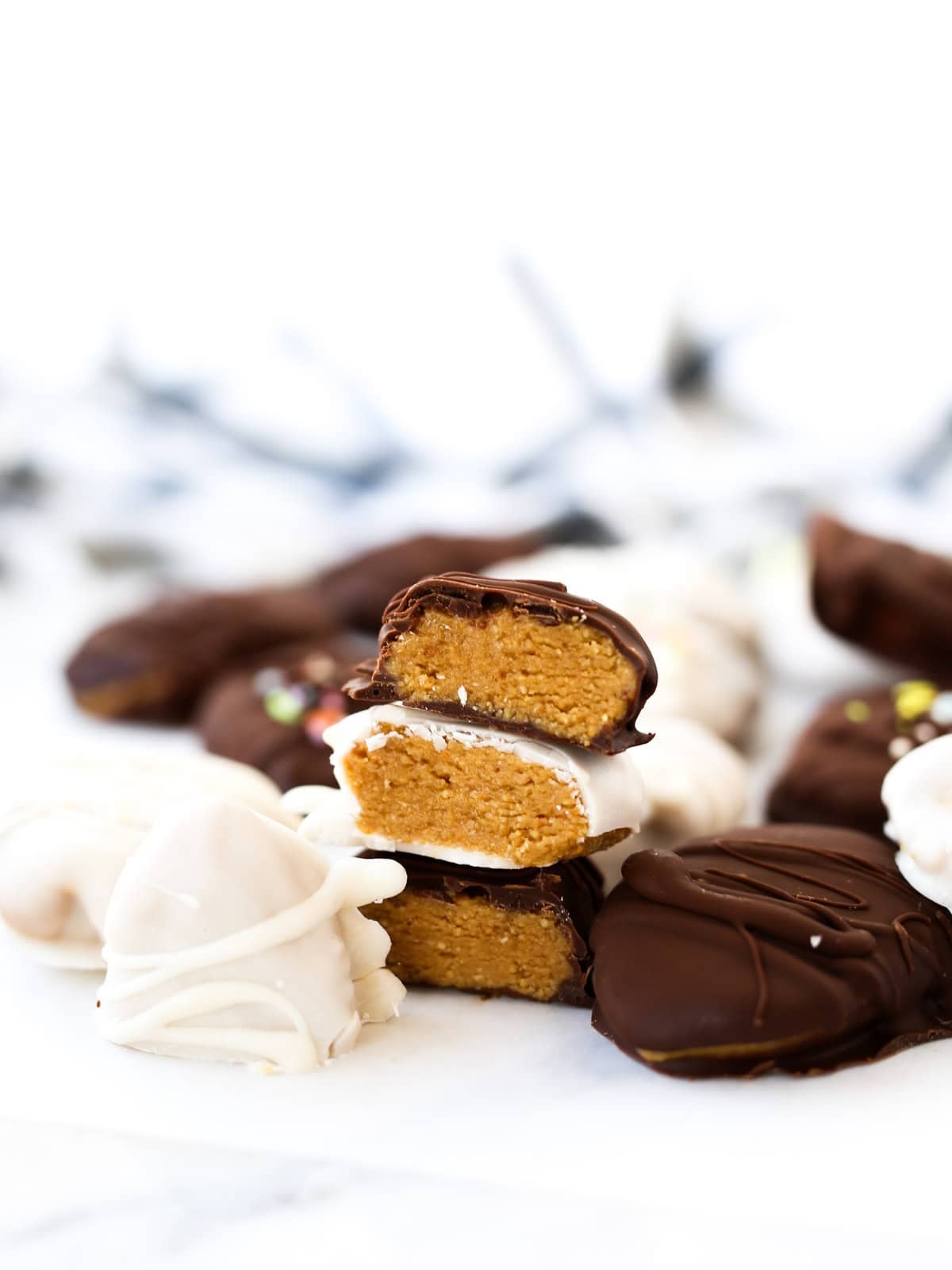 Easter peanut butter eggs close up showing center.