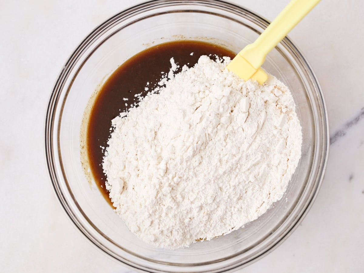 Dry ingredients being added to wet.