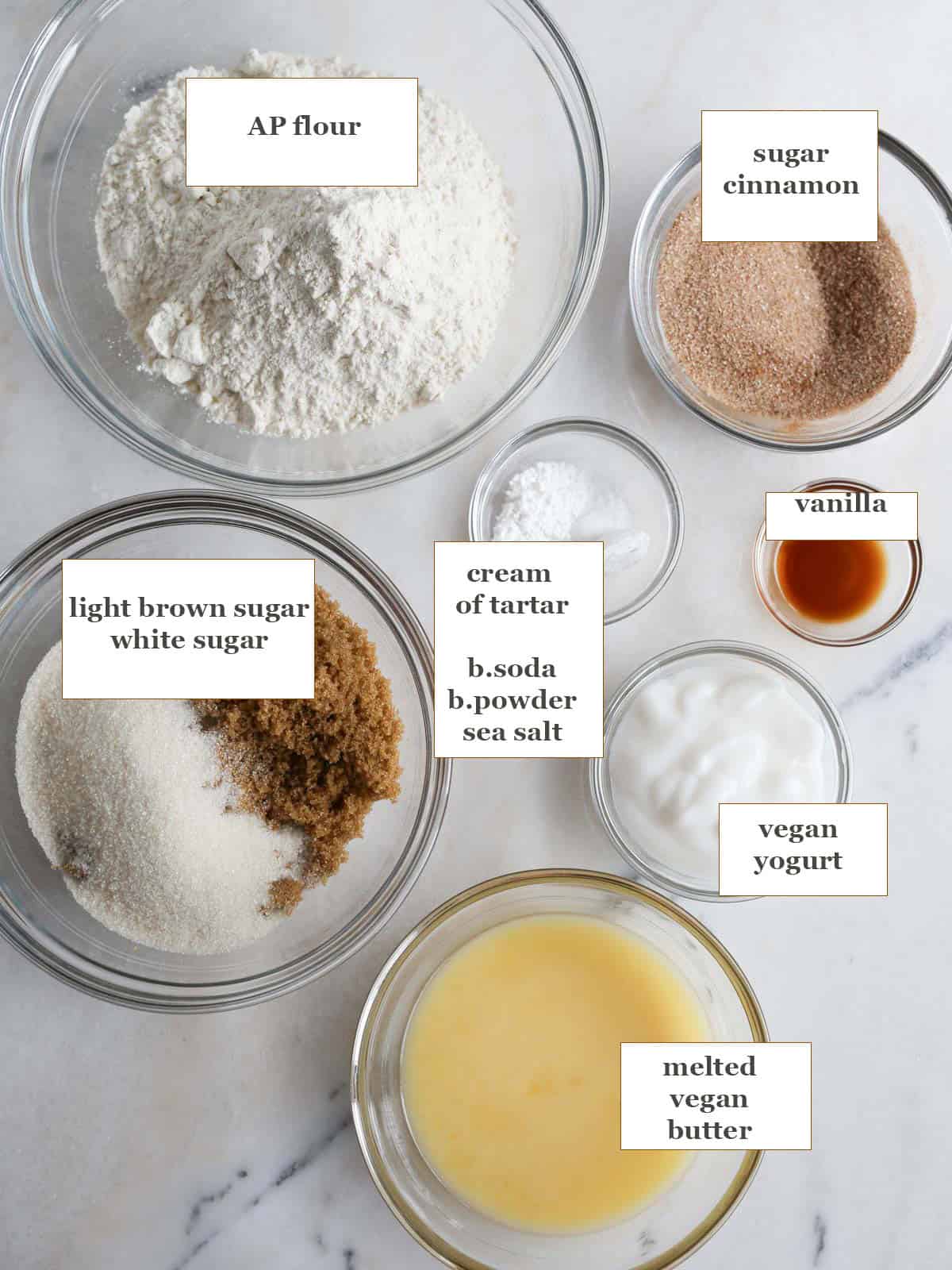 Ingredients to make vegan snickerdoodle cookies.