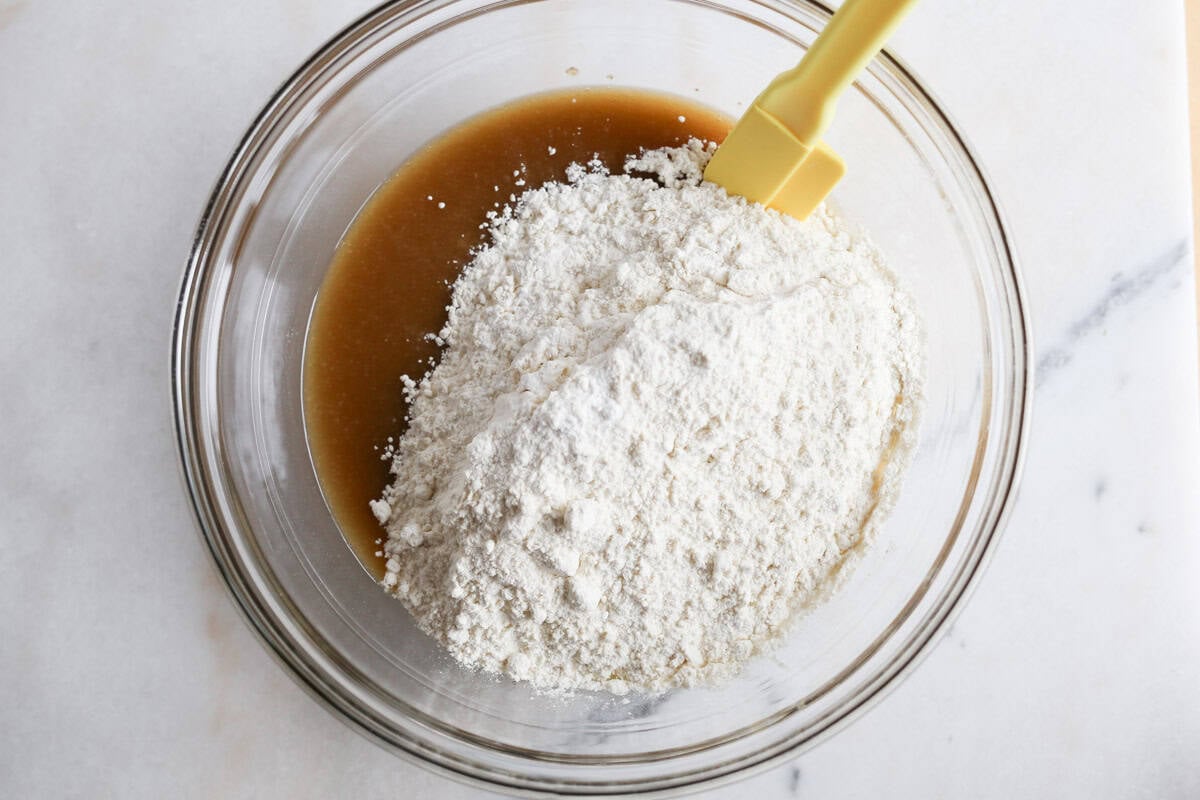 Dry ingredients added to wet.
