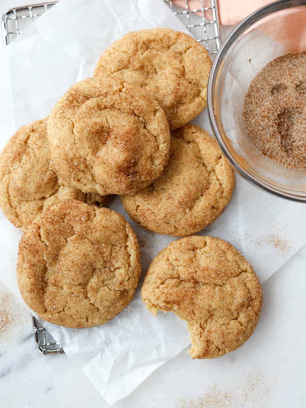 Overhead image of several snickerdoodle cookies.